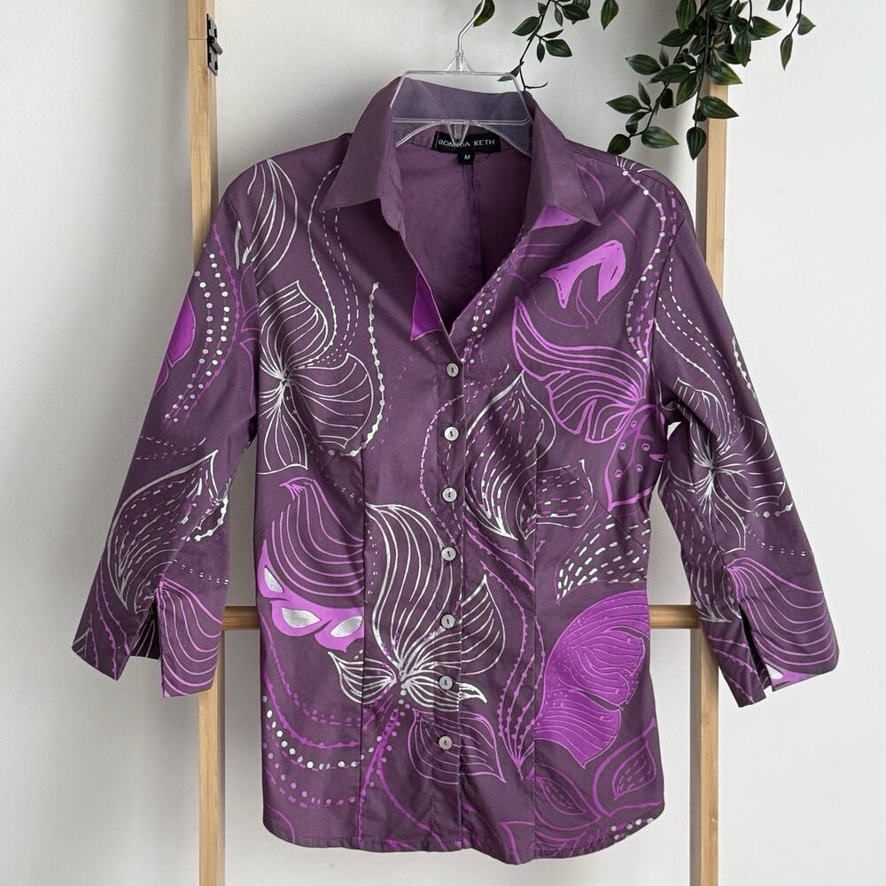 Romyda Keth Women’s Tailored Button Down Shirt Purple Y2K 3/4 Sleeve Size M